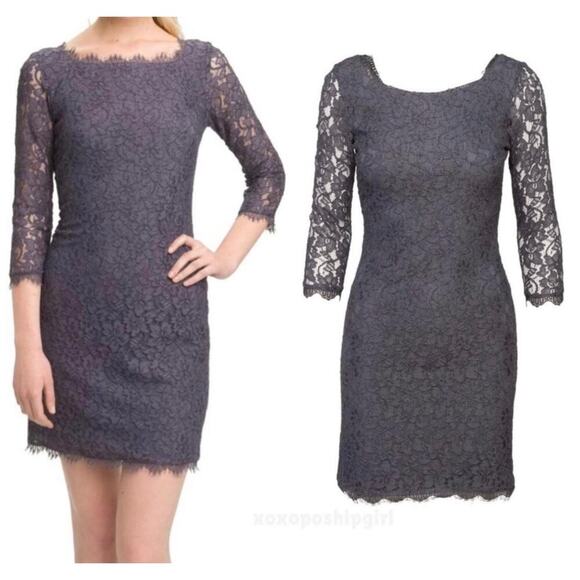 Diane Von Furstenberg DVF Zarita Dress Lace Detail Mini Gray Purple Size 8 - Picture 1 of 8